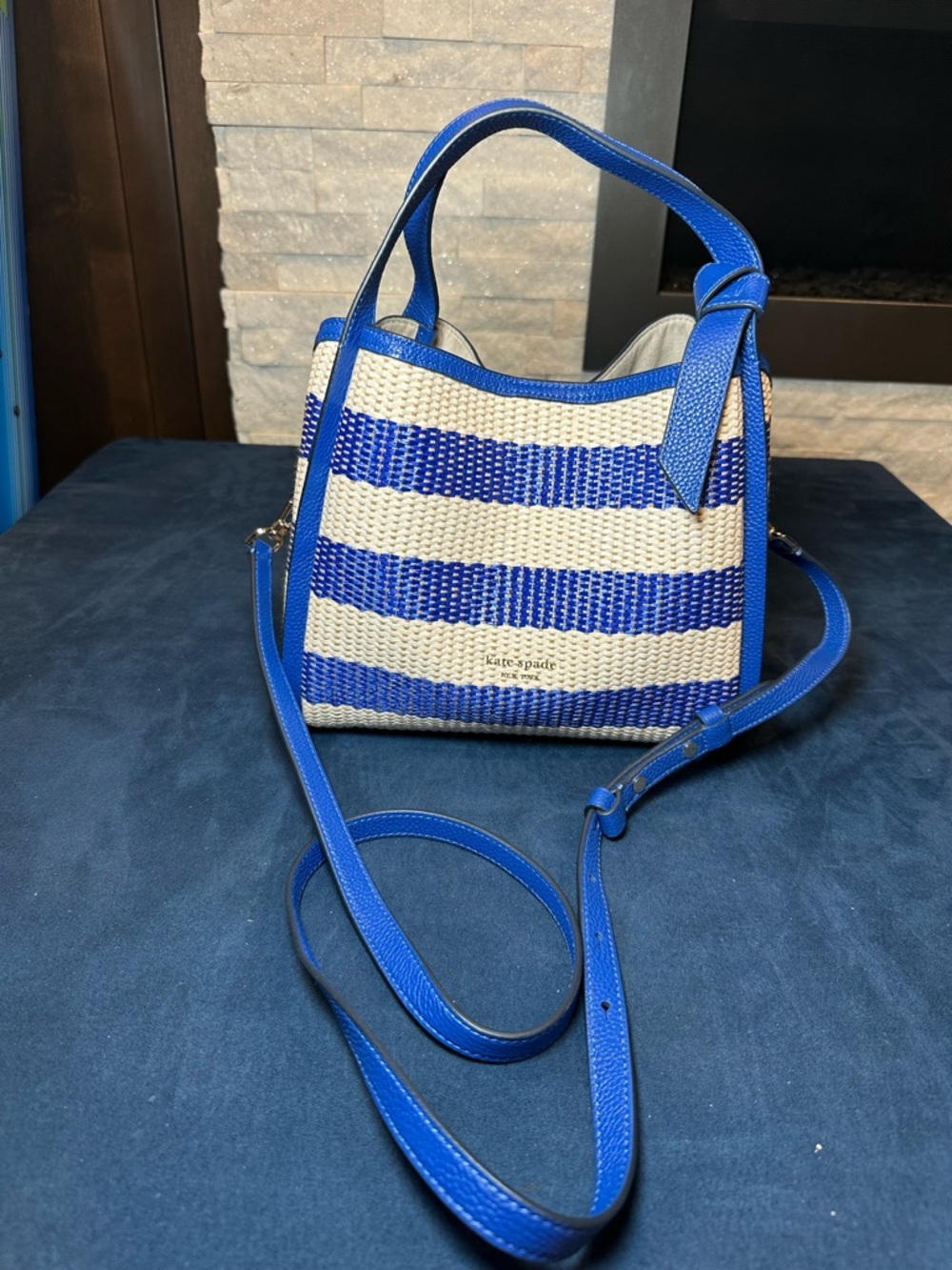 kate spade Blue and White Striped Woven Shoulder Bag - Picture 10 of 11